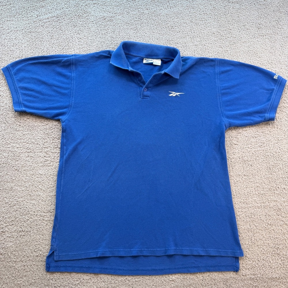 Vintage Reebok Men XL Royal Blue Vector Logo Embroidered Pique Polo Shirt 90s